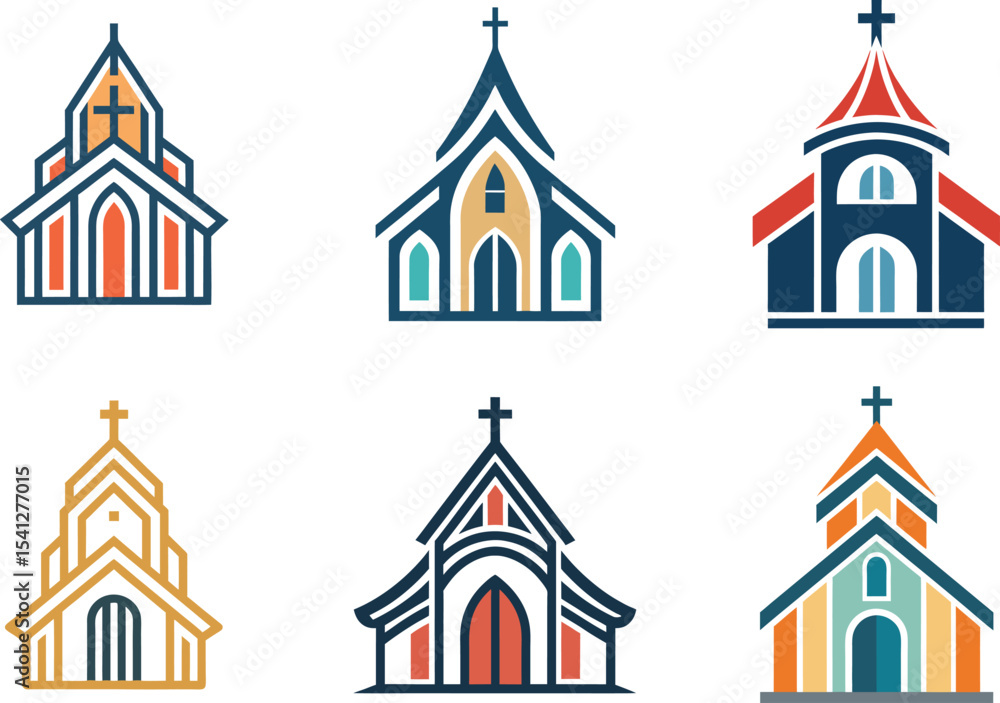 Fototapeta premium Six Stylish Church Building Icons Perfect for Religious Branding Design Projects