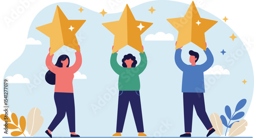Flat Design Illustration of People Holding Stars to Symbolize Achievement and Success flat vector illustration