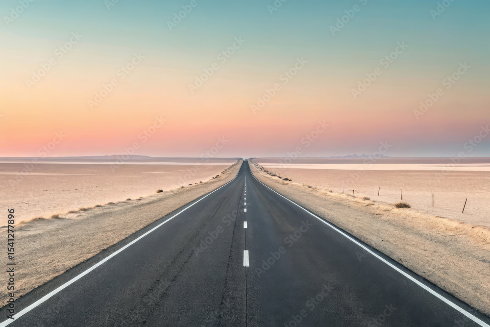 Naklejka premium Endless asphalt road through desert at sunrise