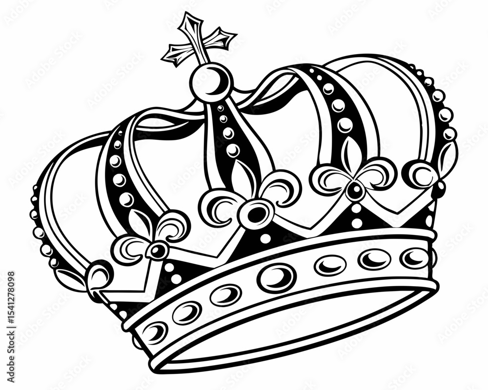 Fototapeta premium Royal Crown Vector Illustration – Black and White Silhouette of Ornate King’s Crown