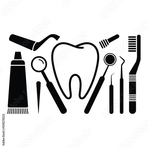Dental instruments and tooth isolated on white background