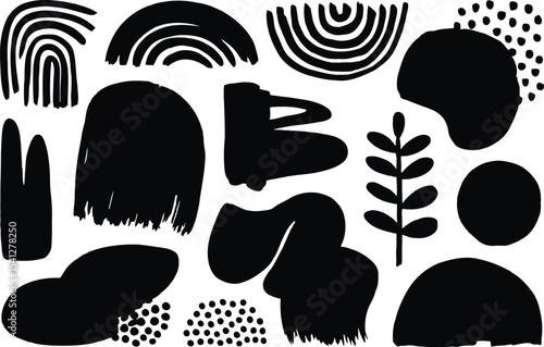 A collection of black abstract organic shapes is displayed, featuring irregular and freeform elements.