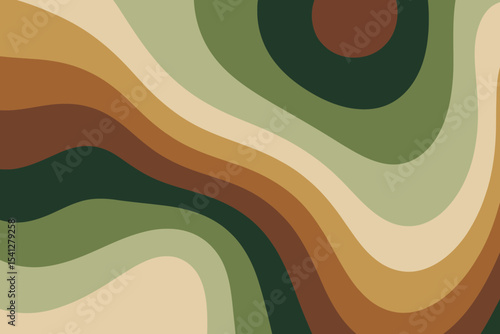 An abstract design features multiple wavy stripes of varying widths and colors, including green, brown, and beige.
