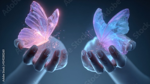 Glowing butterflies held gently in human hands against a dark background