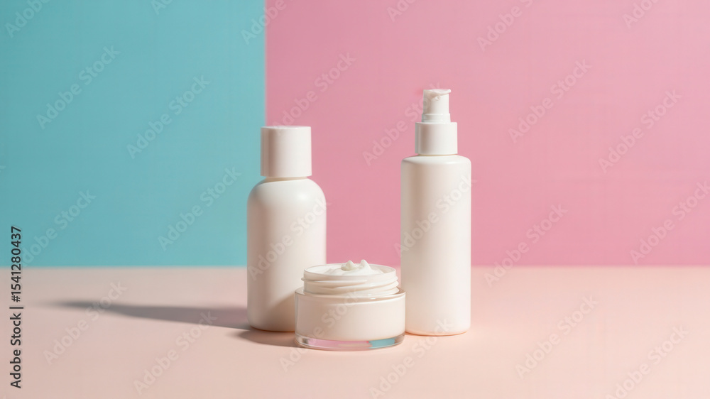 White Skincare Products Arranged Against Pink Blue And Pastel Backgrounds Under Direct Sunlight White Skincare Products Arranged Against Pink Blue And Pastel Backgrounds Under Direct Sunlight