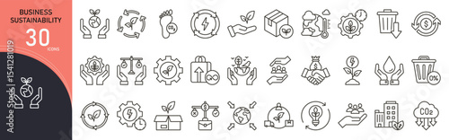 Business sustainability related icon collections. Containing eco, green, growth, environment, energy, recycle, responsibility, ethics, resources, strategy icons. Outline icons.