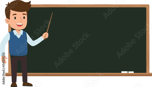 Cartoon teacher pointing at blackboard, educational character illustration, classroom presentation concept, male instructor with pointer stick, blank chalkboard background for learning material