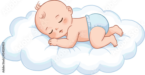 Cute sleeping baby cartoon, newborn on cloud, peaceful infant rest, adorable baby illustration, soft pastel drawing, baby boy sleeping, nursery art, bedtime clipart