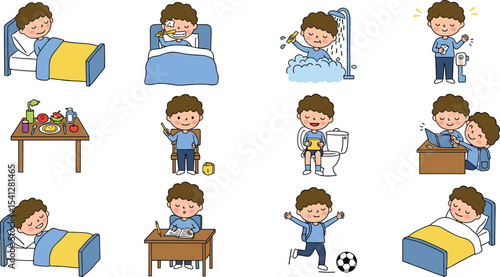 Daily routine of a child, morning to night, cute cartoon illustration, hygiene, eating, studying, sleeping, playing, washing, brushing, learning, animated kids activity chart