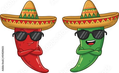 Funny cartoon chili peppers in sombreros and sunglasses, Mexican spice characters, spicy food illustration, cultural fiesta art, humorous vegetable drawing for food party designs
