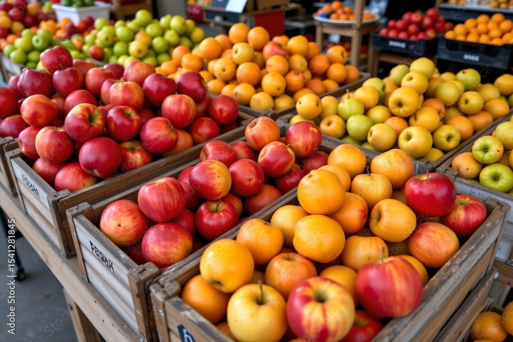 vibrant apples displayed in rustic wooden crates at market, subject: copy space, 4k sharp professional photo. vibrant apples displayed in rustic wooden crates at market, subject: copy space, 4k sharp professional photo.
