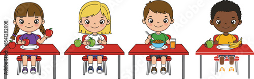 Group of happy children eating healthy food at school cafeteria, colorful cartoon kids sitting at table, learning nutrition, balanced meal, fruit, breakfast illustration