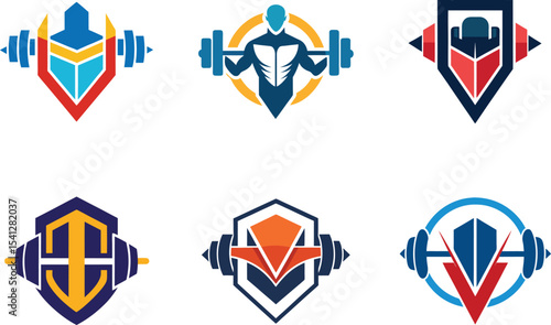 Six Versatile Fitness Logo Designs featuring Barbells and Strongman Motifs ideal for Gym Branding and Athletic Identity