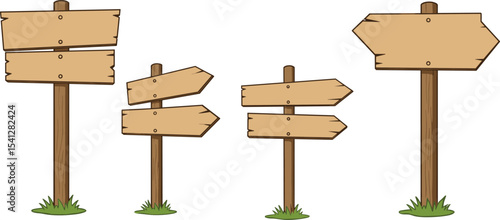 Wooden direction signs cartoon style, empty wooden boards isolated, multiple signposts with arrows, blank road guide signs for navigation, vector path direction concept