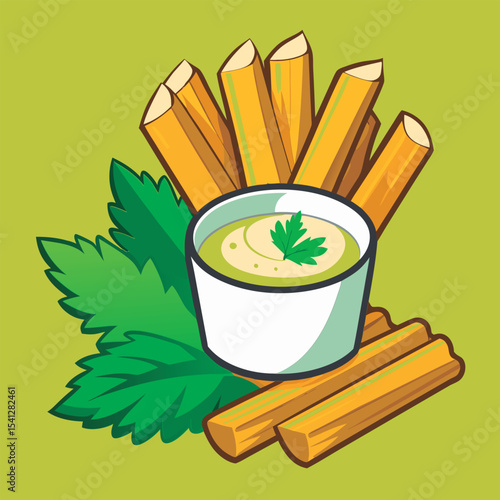 Celery sticks with dip. ready to eat.