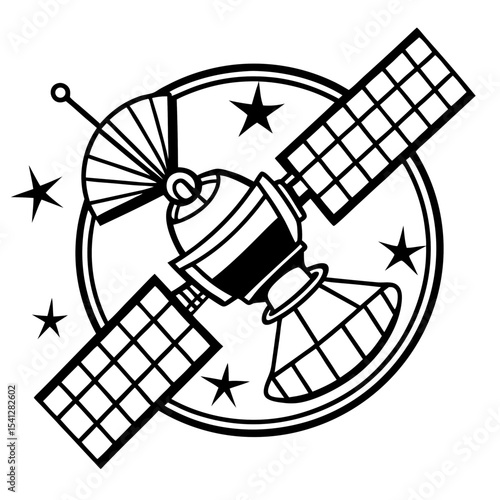 Satellite in space orbit black and white illustration