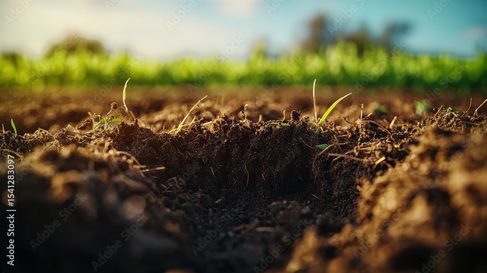 Fototapeta premium Close-up of freshly tilled soil with small green sprouting plants under bright sunlight in agricultural field