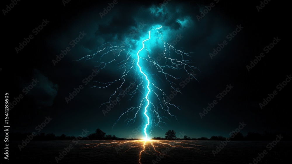 Obraz premium Stunning lightning bolt striking down from dark storm clouds over open landscape du a thunderstorm