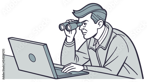 Man using binoculars while looking at a laptop screen with a serious expression on his face indoors