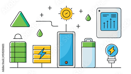 Illustration featuring solar energy components like panels, battery, and monitor design concept