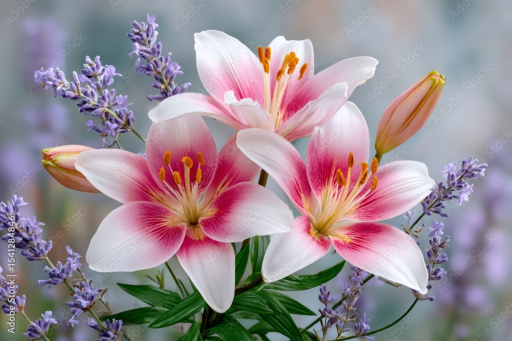 Fototapeta premium Pink and white lilies and lavender flowers creating a beautiful bouquet