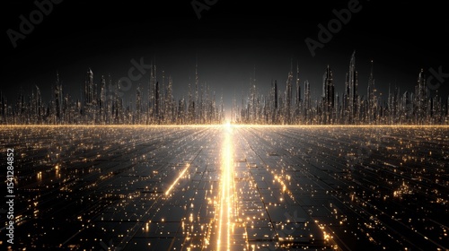 Futuristic Cityscape with Glowing Pathway and Skyscrapers