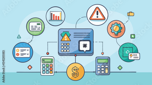 Illustration of financial data analysis and management with calculator and various data representations
