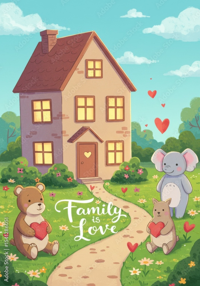 Cartoon animals with hearts outside house in family love scene Cartoon animals with hearts outside house in family love scene
