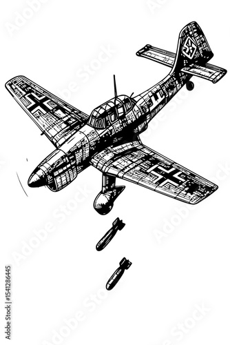 WWII Luftwaffe Bomber Dropping Bombs – Historic German Fighter Plane Illustration in Black and White