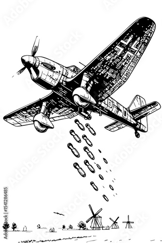 WWII Bomber Dropping Payload Over Countryside – Retro Warplane Illustration