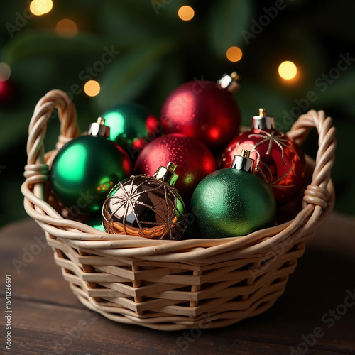 Basket filled with colorful Christmas ornaments ready for holiday decoration