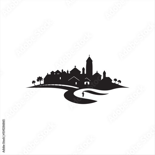 A timeless and elegant black and white vector logo silhouette of an African village against a white background.  Geometric shapes and clean lines emphasize balance, symmetry, and visual clarity.eps