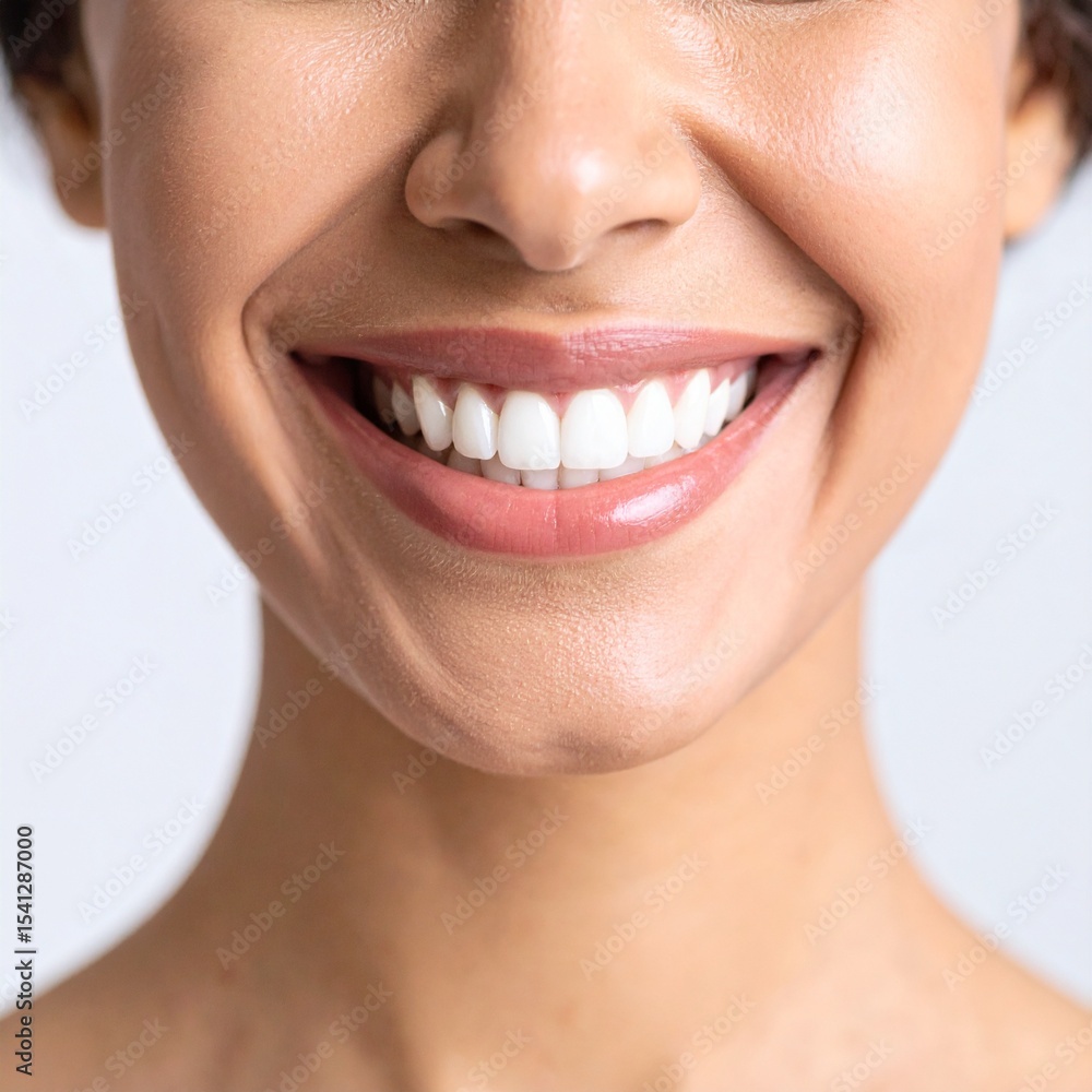 Obraz premium A bright and inviting close-up of a woman’s smile, showcasing healthy, white teeth that reflect excellent dental care. Soft, flattering lighting enhances the smooth skin and natural expression.