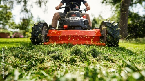 Man riding a red lawnmower cutting grass in a lush green backyard with trees and garden behind