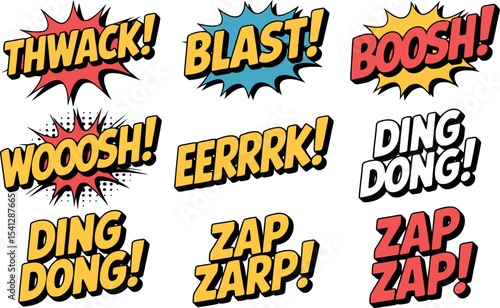 Another collection of comic book sound effect words is displayed with similar bold styling and energetic shapes.