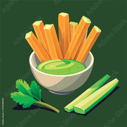 Celery sticks with green dip. a healthy snack.