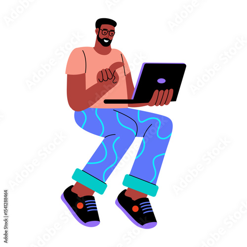 A flat style illustration showing a person using laptop