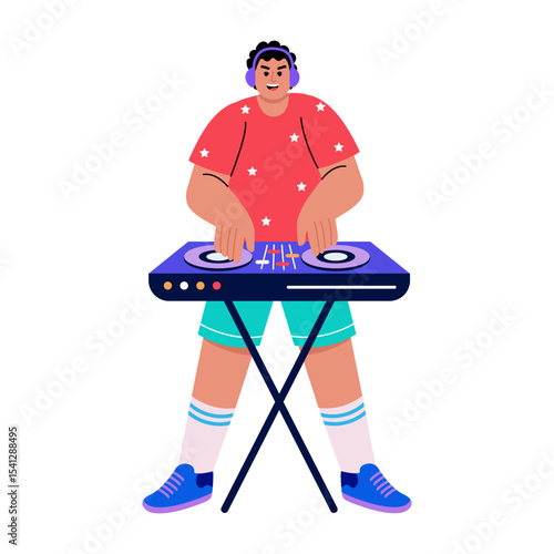 A flat style illustration showing a dj playing music