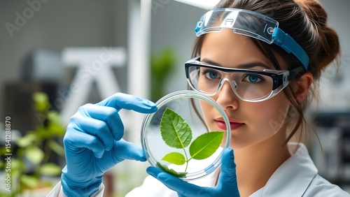 Female scientist examining plant sample in laboratory - biotechnology researcher with safety glasses analyzing green leaf specimen science research