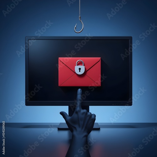 Conceptual illustration of a phishing email attack. A finger is about to click on a red locked envelope on a monitor, while a fishing hook hangs above, symbolizing online scams and cybersecurity threa