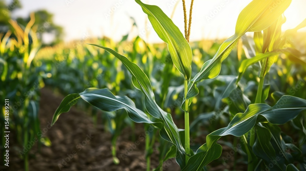 Lush green corn plants growing in a sunny farm field du daytime with vibrant healthy foliage Lush green corn plants growing in a sunny farm field du daytime with vibrant healthy foliage