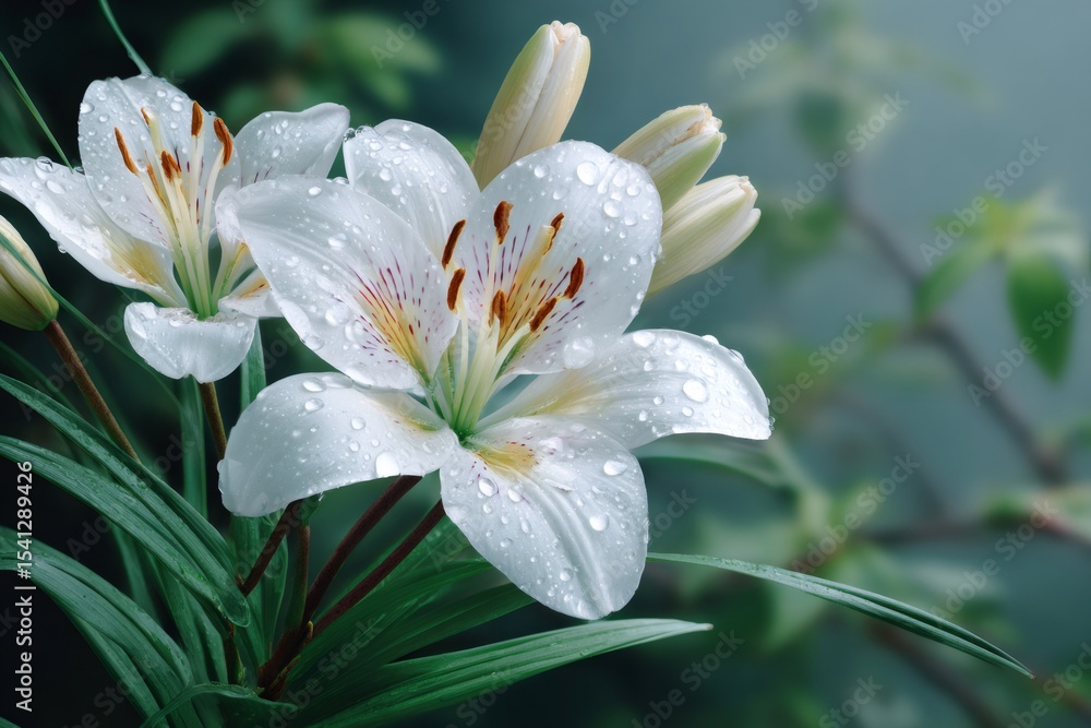 Fototapeta premium White lilies with water drops blooming in spring garden