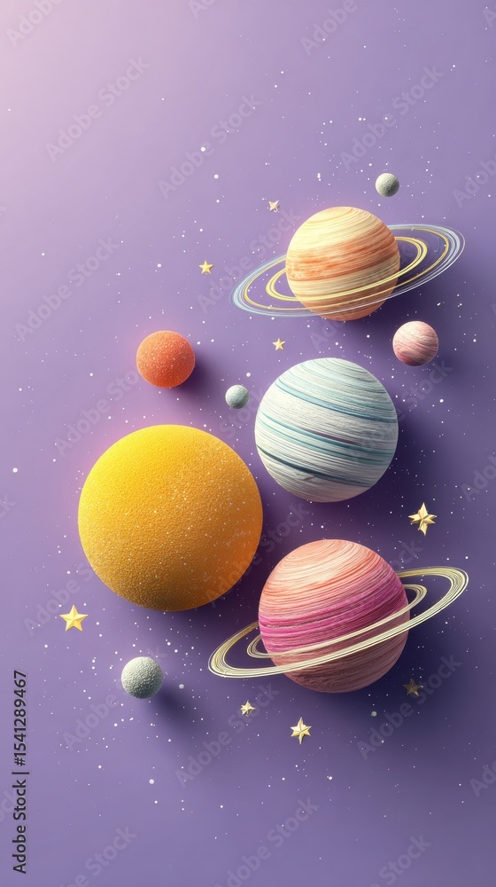 Naklejka premium Stylized Planetary Arrangement with Rings and Stars on a Purple Background