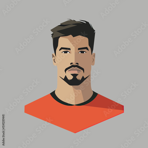 Vector portrait of serious young man with short black hair and beard wearing orange shirt geometric flat minimalist style illustration