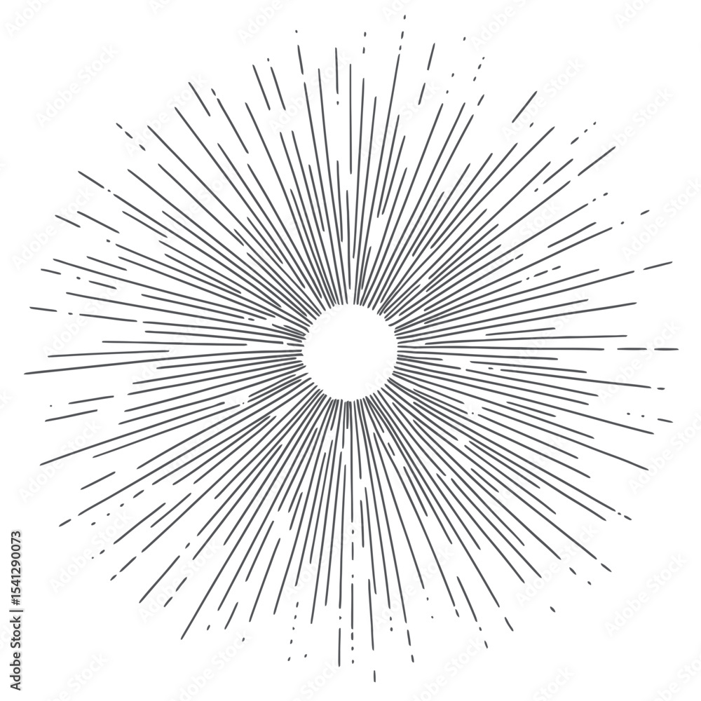 Fototapeta premium Hand drawn sunburst radiating rays vintage style black and white decorative starburst vector illustration for design embellishment and backgrounds