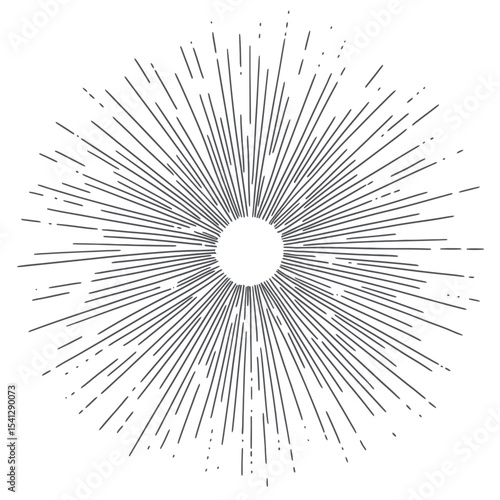 Hand drawn sunburst radiating rays vintage style black and white decorative starburst vector illustration for design embellishment and backgrounds