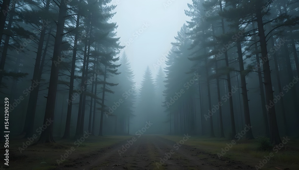 Fototapeta premium Mysterious Foggy Forest Path A Serene and Eerie Landscape Photography