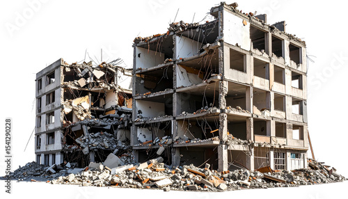 Transparent PNG available destroyed buildings after earthquake or world war, isolated on white background as transparent PNG