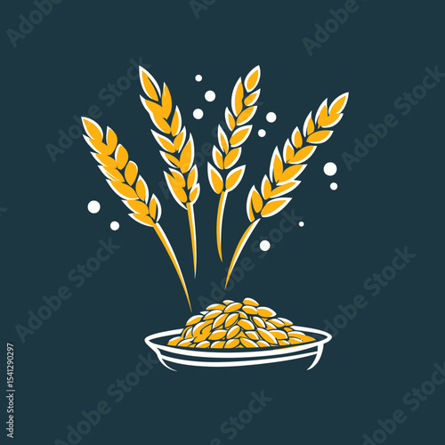Golden wheat ears with pile of grains flat minimalist vector illustration agriculture cereal harvest concept organic farming food icon design