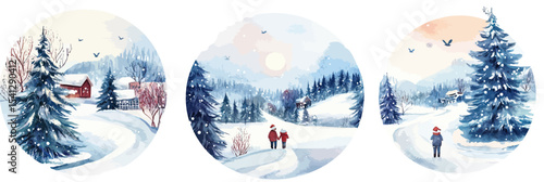 Winter snowy landscape with pine trees, people walking and red cabin in minimalist circular watercolor mountain scenes for Christmas and New Year holiday design